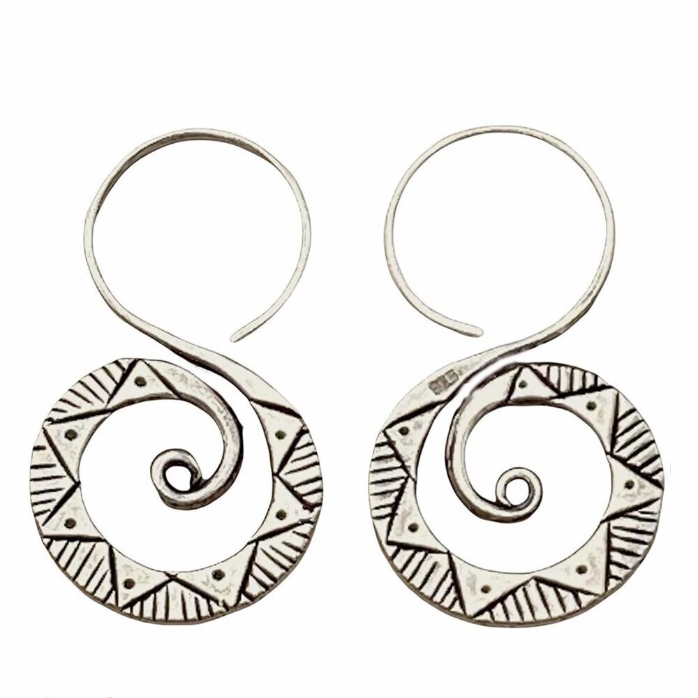 Sterling Silver Boho Hippie Spiral Earrings, Tribal Ethnic with Geometric Patter